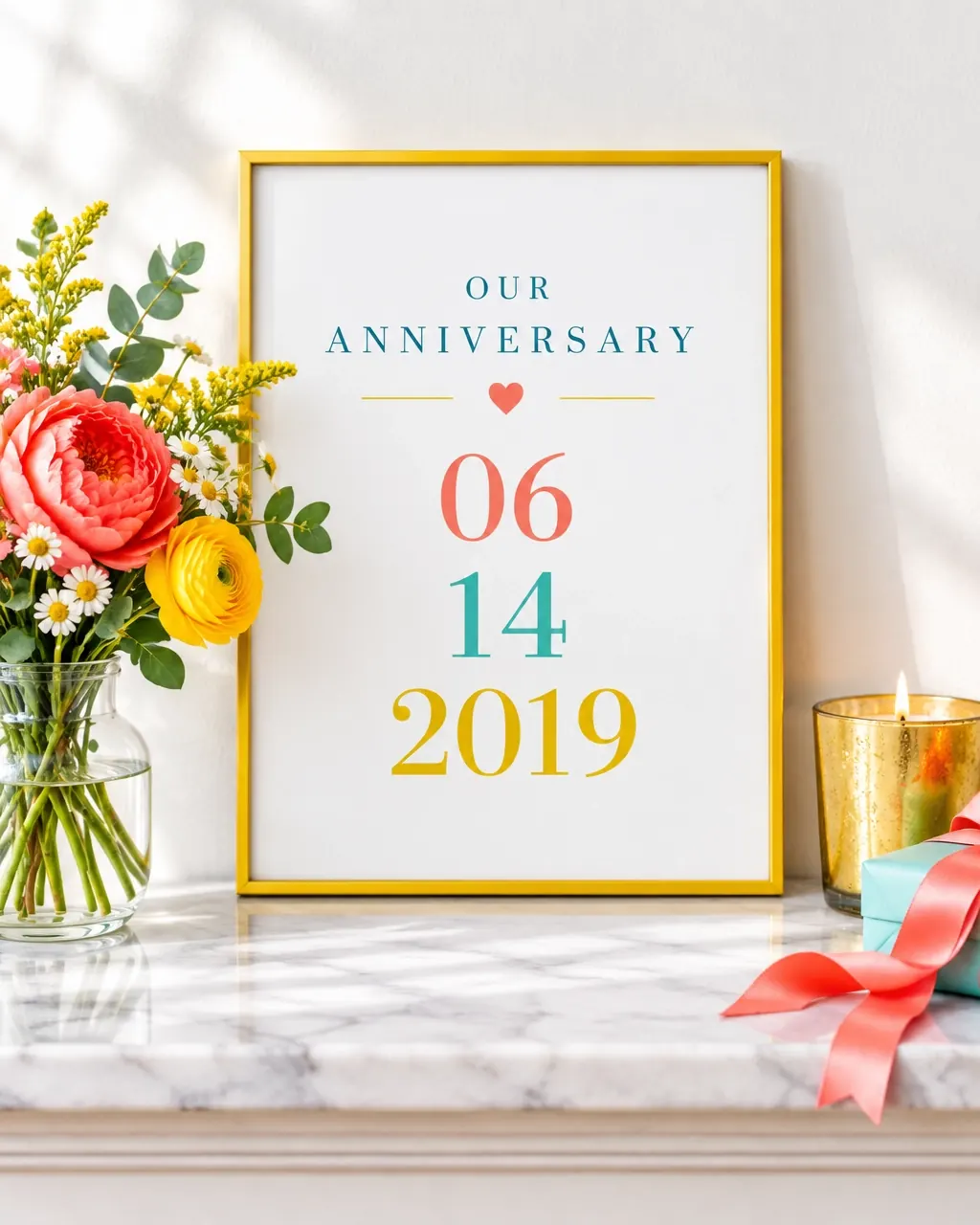A framed anniversary date print styled with flowers and a candle