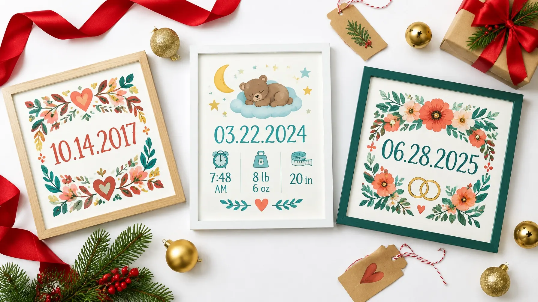 Three framed milestone prints arranged with ribbon, ornaments, gifts, and evergreen sprigs