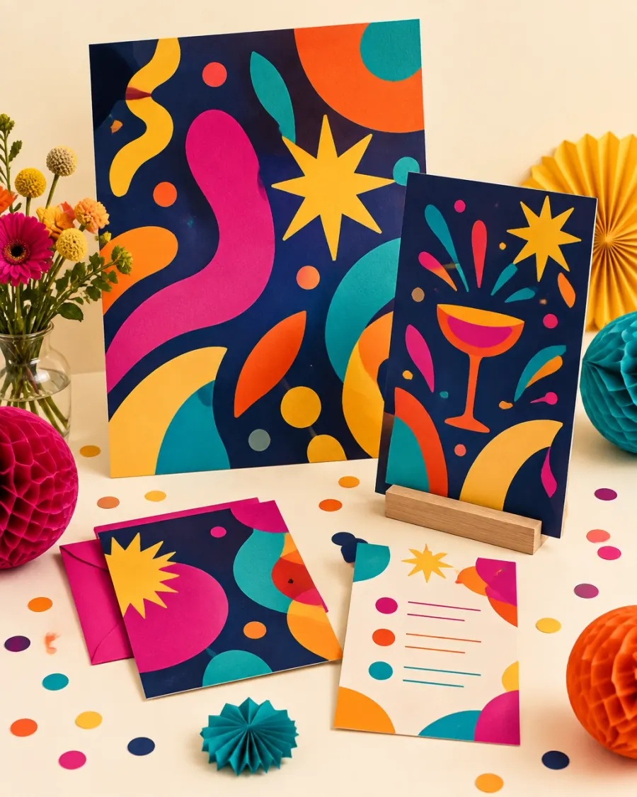 A colorful poster, event sign, invitation, menu, and party decor arranged as a design suite
