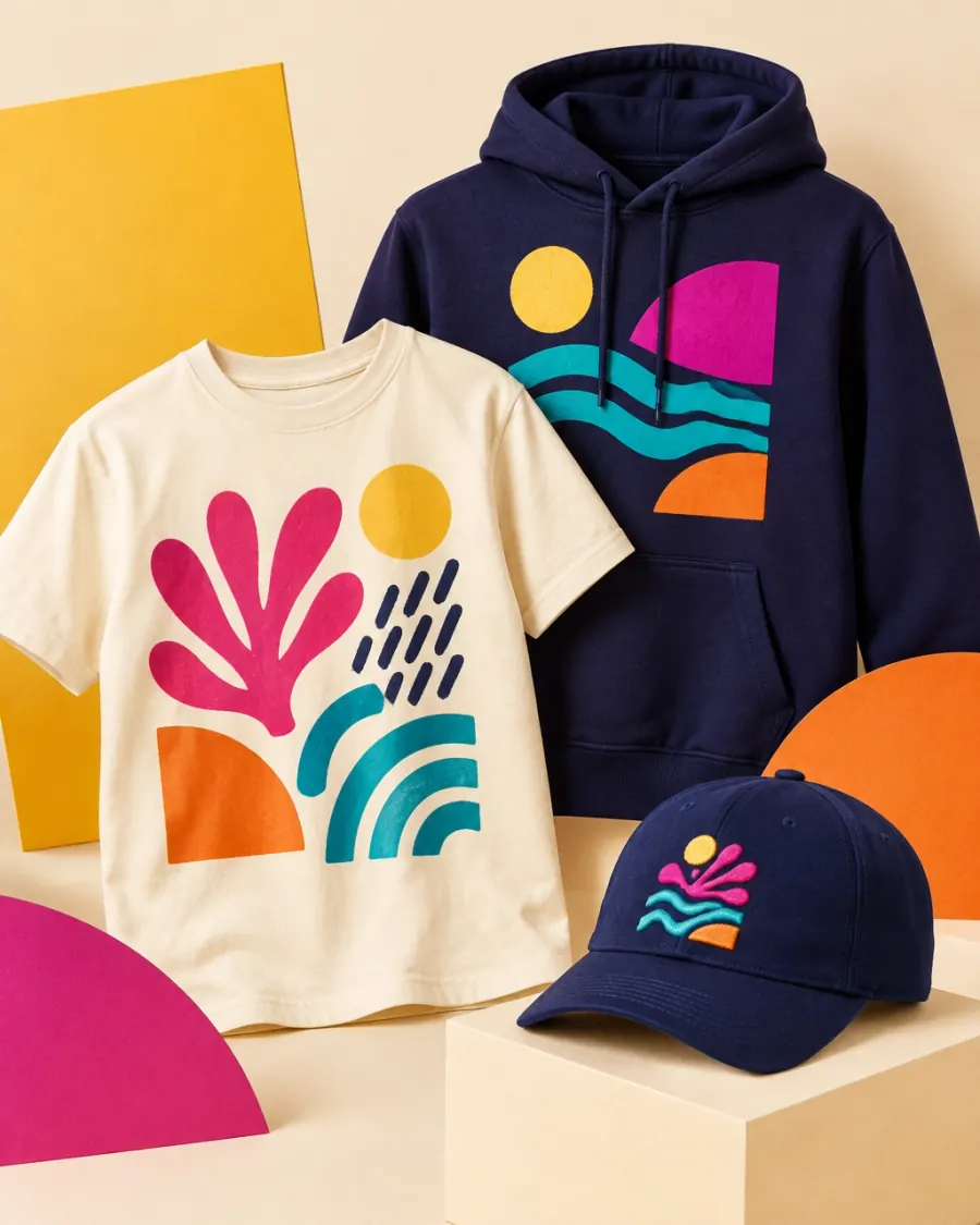A bold graphic t-shirt, hoodie, and cap arranged as custom apparel designs