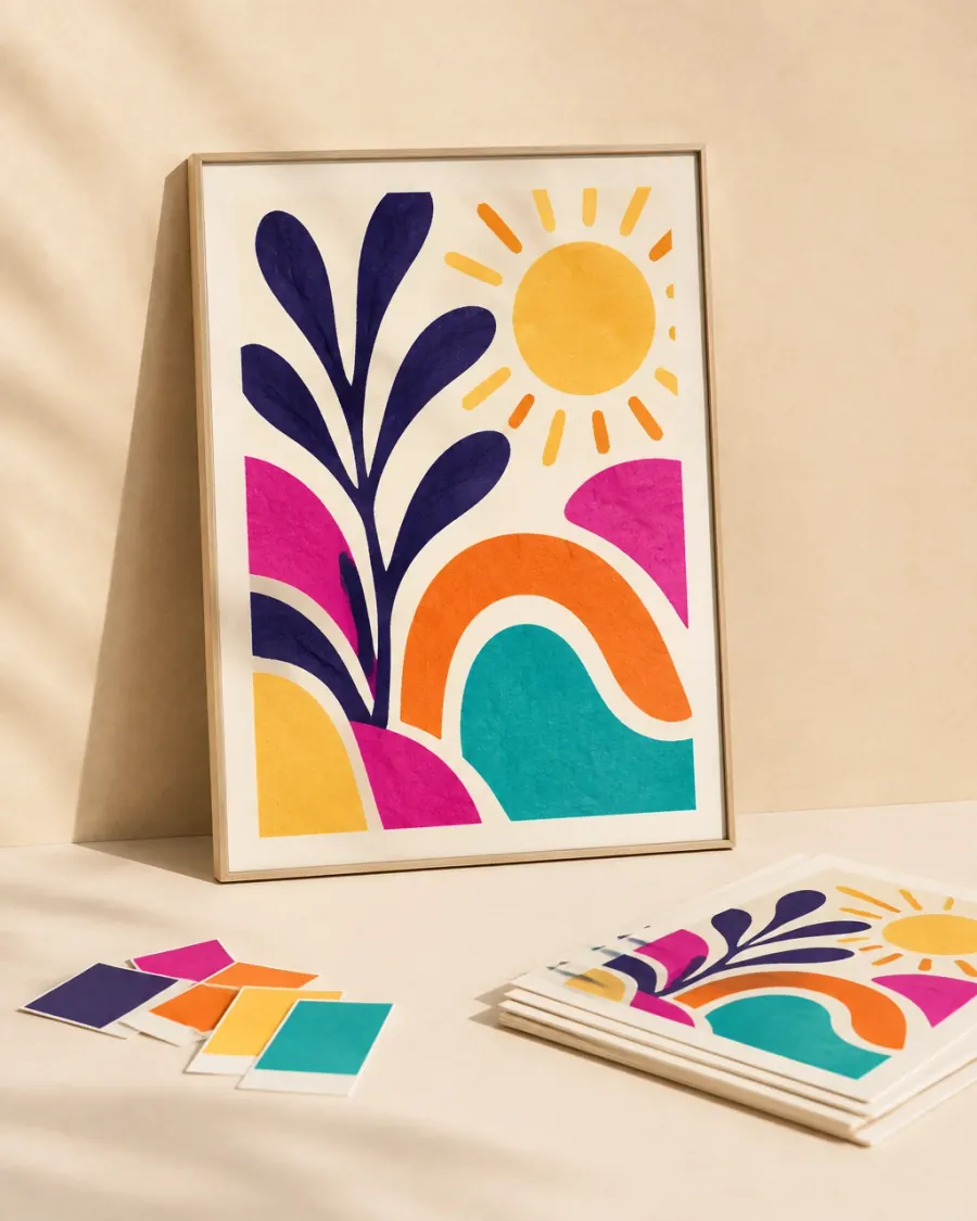 A colorful custom art print presented with loose printed copies and color swatches