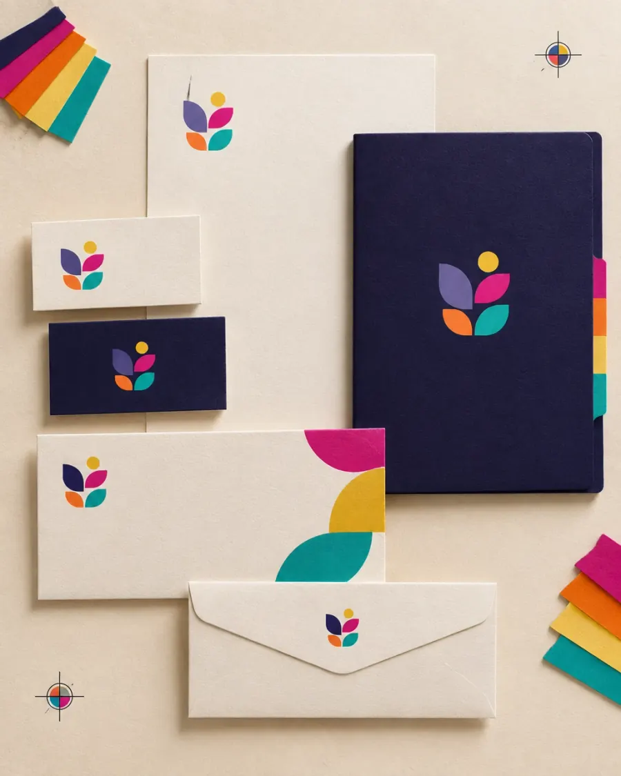 Logo marks presented across business cards, envelopes, stationery, and a notebook