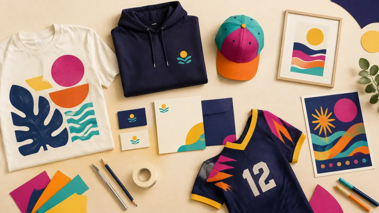A colorful studio spread showing custom apparel, stationery, teamwear, event materials, and one art print