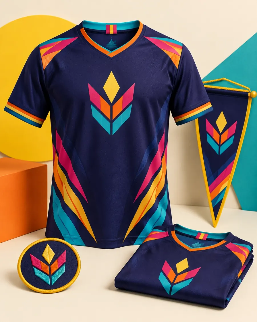A colorful custom team jersey, matching jersey, emblem patch, and pennant